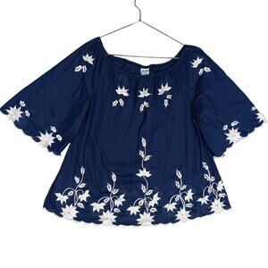 Vintage 70's Chuchi Boho Embroidered Top Size 3X Blue with White Floral Trims